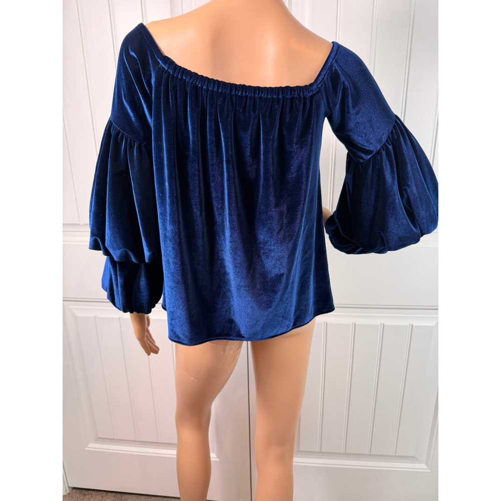 Women's Petersyn Blue Velvet Off-Shoulder Blouse Sz S Romantic Luxe Holiday Glam - Picture 9 of 13